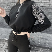 Drawstring Plus Velvet Sweater | Women's Solid Color Short Hoodie | Dragon Print Drop Shoulder Shirt | Gothic Slim Butterfly Long Sleeve Top  wegodark L Black 