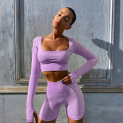 Summer Yoga Set Women Two 2 Piece Long Sleeve Crop Top T-Shirt Tight Shorts Sportsuit Workout Outfit Gym Sport Set  wegodark L purple 