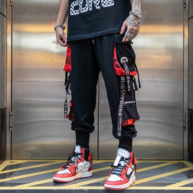Mens Red Black Joggers Pants Techwear Cargo Rave Hip Hop Emo Pants