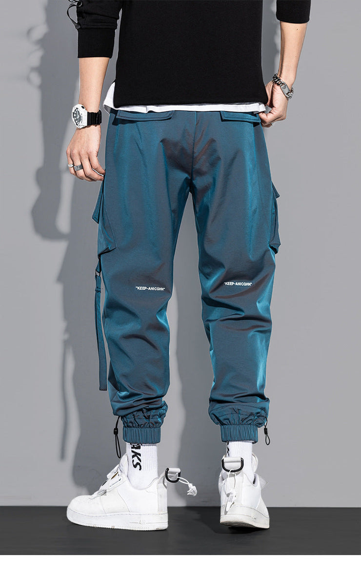Men's Techwear Paratrooper Matte Black Joggers Streetwear Fashion Pants with StrapsPadded Laser Overalls  wegodark M Blue 