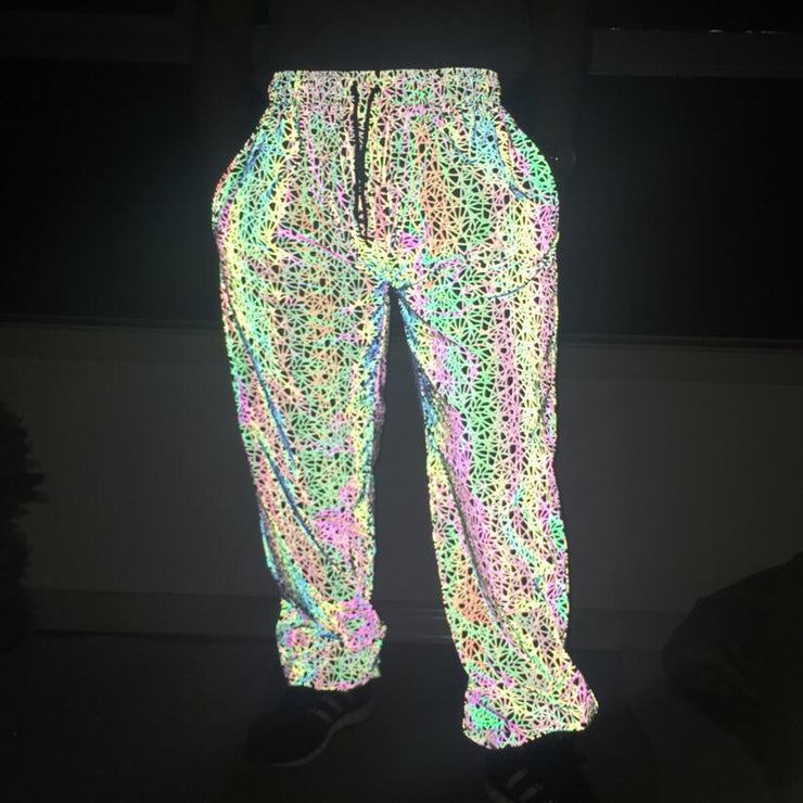 Holographic Reflective Pants, Men's Clubwear reflective pants Rave Bottoms Rainbow Festival Fit, Rave Outfit Concert Clothing  wegodark   