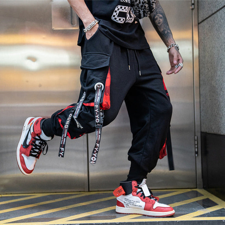 Mens Red Black Joggers Pants Techwear Cargo Rave Hip Hop Emo Pants Fashion Streetwear Tactical Track Pants Joggers Harun leggings  wegodark   