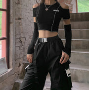 Black E-girl Style Techwear Patchwork Crop Top, Rave Festival Ghotic Opiumcore Open Shoulder Crop Top  wegodark L Black 