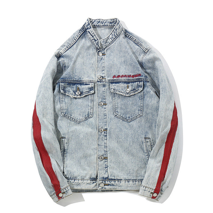 Hip Hop Jacket Streetwear Embroidery Denim Jacket Graffiti Harajuku Red Striped Denim  wegodark   