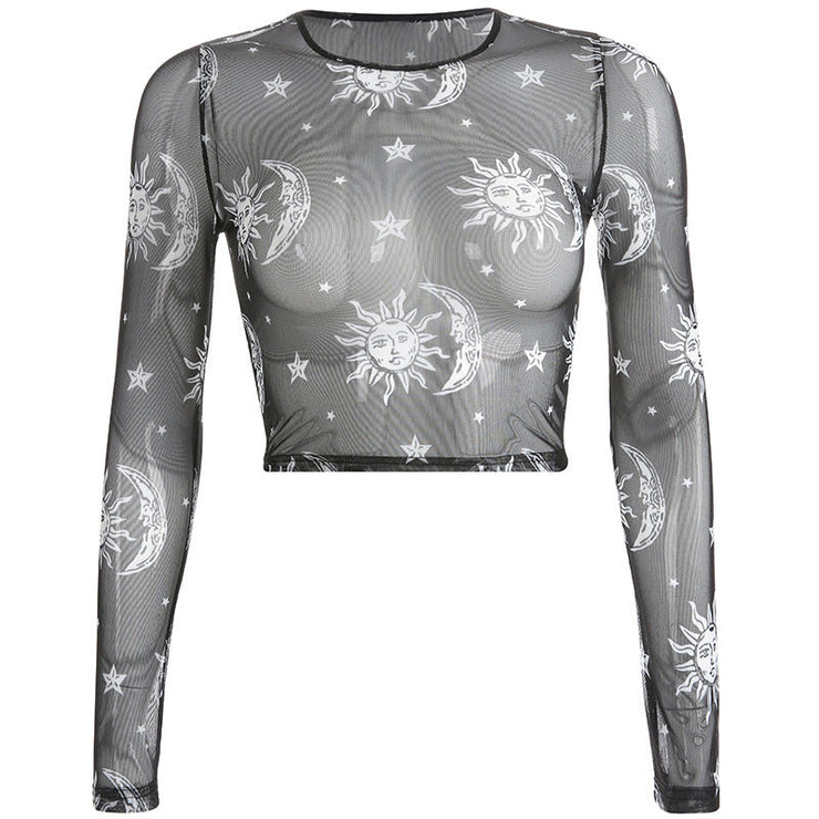 Women's Astro Mesh Crop Top | Women's Mesh Crop Top Sun Moon Stars Print | See-Through Sheer Mesh Crop Top T-Shirt | Gothic Long Sleeve Top  wegodark   
