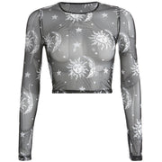 Women's Astro Mesh Crop Top | Women's Mesh Crop Top Sun Moon Stars Print | See-Through Sheer Mesh Crop Top T-Shirt | Gothic Long Sleeve Top  wegodark S black 