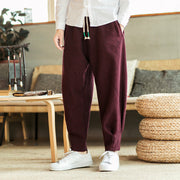 Chinese-style lantern woolen pants | Men's Solid Color Straight Harem Pants | Drawstring Waist Sweatpants | Baggy Loose Leisure Cropped Pant  wegodark 5XL WineRed 