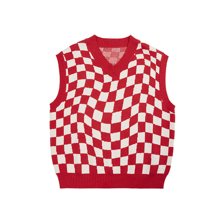 Autumn New Checkerboard V-neck Knitted Sweater Vest Men and Women