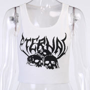 Y2K Streetwear Punk Goth Crop Tops, Women's Skull Print Vest Top Black White Fashion Round Neck Sleeveless Slim  wegodark M White 