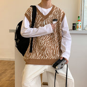 Men's Zebra Print V-Neck Sleeveless Sweater | Zebra-Print Cropped Cardigan Clothes | Zebra-Print Sleeveless Jumper | Retro V-Neck Loose Vest  wegodark   