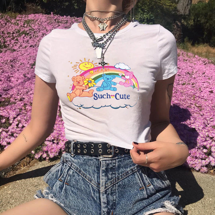 Weird Girly Cute Wind Bear Rainbow Print White T-shirt  wegodark   