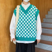 V-Neck Vest Chessboard Knit Coat, Check Knit Vest, Streetwear Y2K Sweater Vest, Oversized Crochet Pullover Vest, Cottagecore Sweaterv 0 WeCrafty   