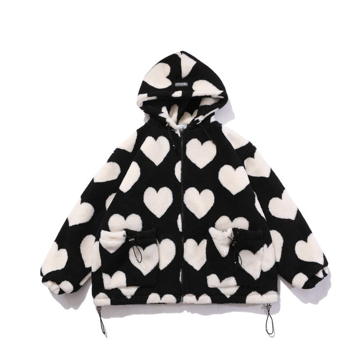 Kawaii Heart Shaped Printed Plush Jacket, Women Winter Korean Version Long Sleeve Hooded Thickened Warm Couple Streetwear 0 WeCrafty   