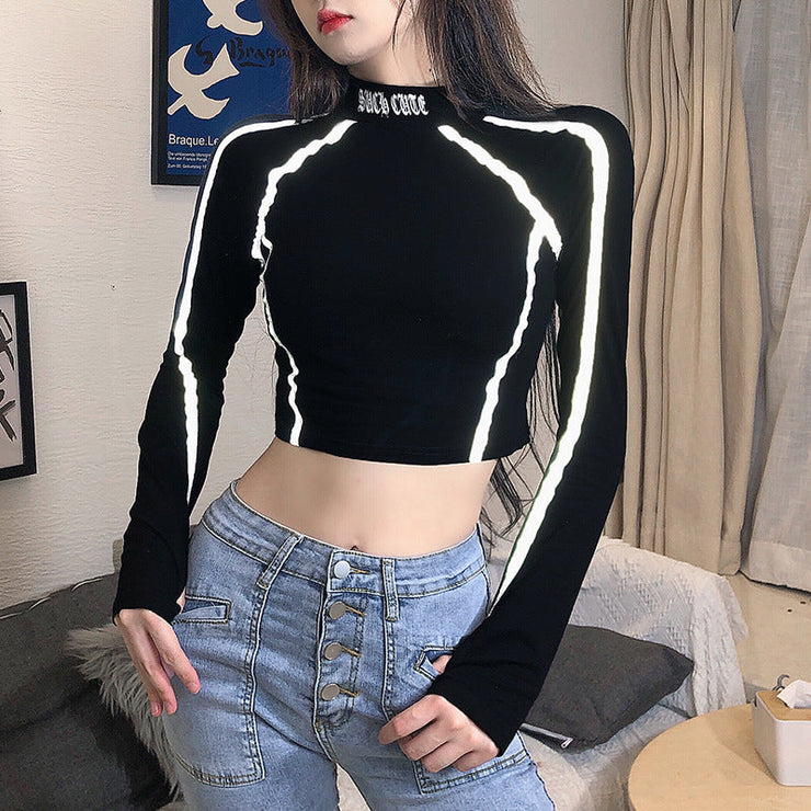 Reflective Striped Patchwork Gothic Crop Top, Women Black Sport Rave High Neck Seam Detail Top - High Neck Seam Detail  wegodark   