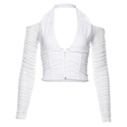 Halter Neck Zip Front Ruched Tee - Mesh Long Sleeve Halter Cardigan, Sexy Halter V-Neck  wegodark S White 