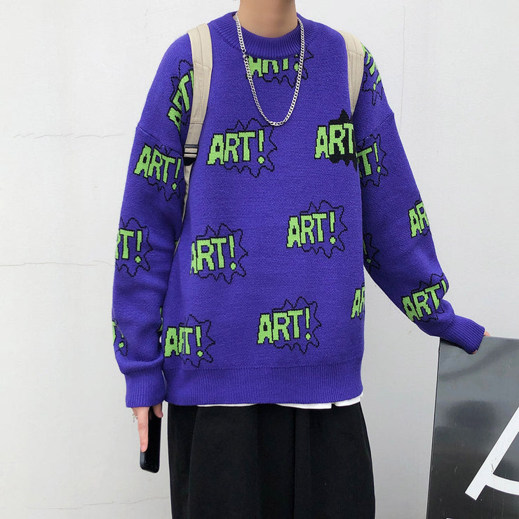 Boys Casual Loose Letter Green Purple Sweater | Oversize Pullovers Vintage Streetwear | Men and Women Loose Knit Sweater | Long Sleeve Knitted Jumper  wegodark   