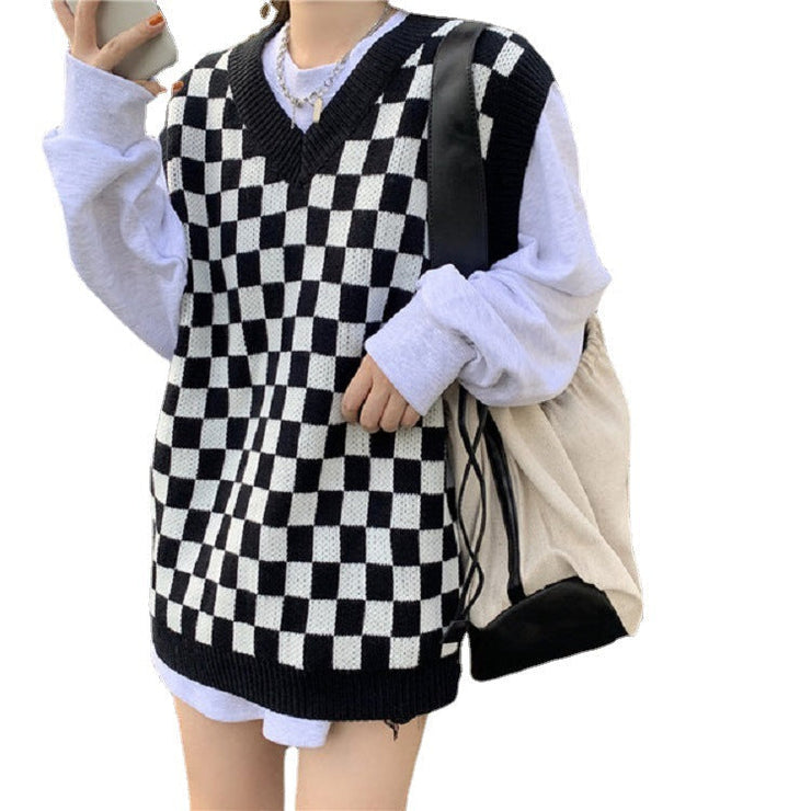 Checkerboard V-neck Knit Sweater Vests, Vintage Gingham Color