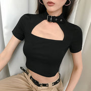 Hollow Neck T-Shirt with Japanese Buckle on Chest | Women's Sexy Slim Buckle Halter Neck Cutout Front Hollow Out Short Sleeve T-Shirt  wegodark   