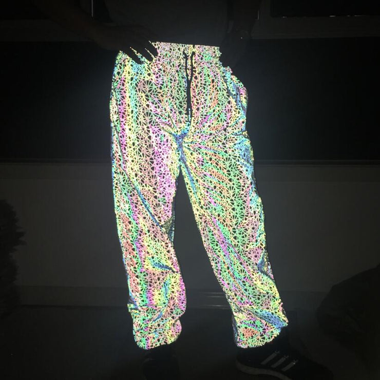 Holographic Reflective Pants, Men's Clubwear reflective pants Rave Bottoms Rainbow Festival Fit, Rave Outfit Concert Clothing  wegodark XXL MilitaryGreen 