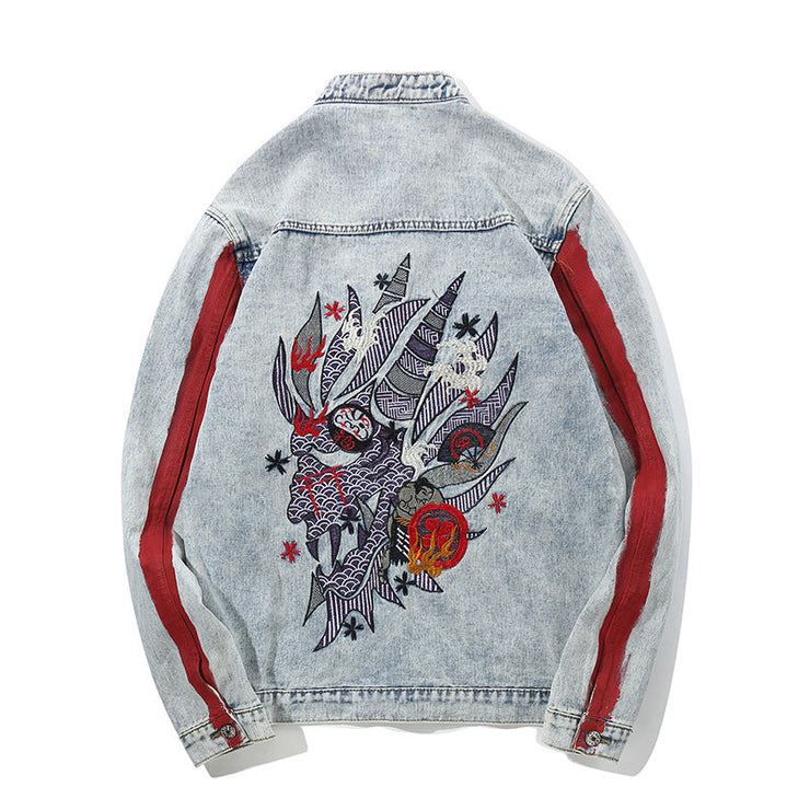 Hip Hop Jacket Streetwear Embroidery Denim Jacket Graffiti Harajuku Red Striped Denim  wegodark   