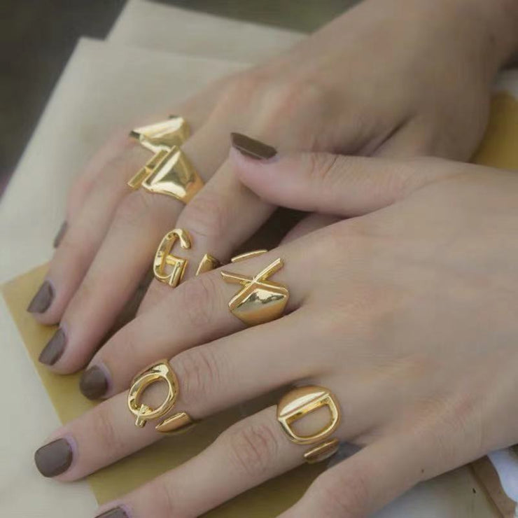 Alphabet Ring, Gold Stacking Ring, Adjustable Ring, Statement Letter Ring Letter ope ring - Chunky Initial Ring  wegodark   