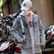 Hip Hop Jacket Streetwear Embroidery Denim Jacket Graffiti Harajuku Red Striped Denim  wegodark   