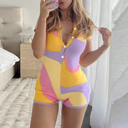 New Color Contrast Color Tight Fit And Slim V-neck One-piece Shorts For Women Jumpsuit  wegodark   