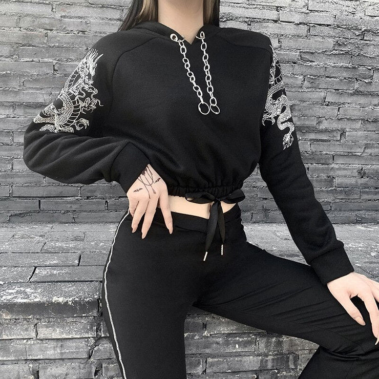 Drawstring Plus Velvet Sweater | Women's Solid Color Short Hoodie | Dragon Print Drop Shoulder Shirt | Gothic Slim Butterfly Long Sleeve Top  wegodark   