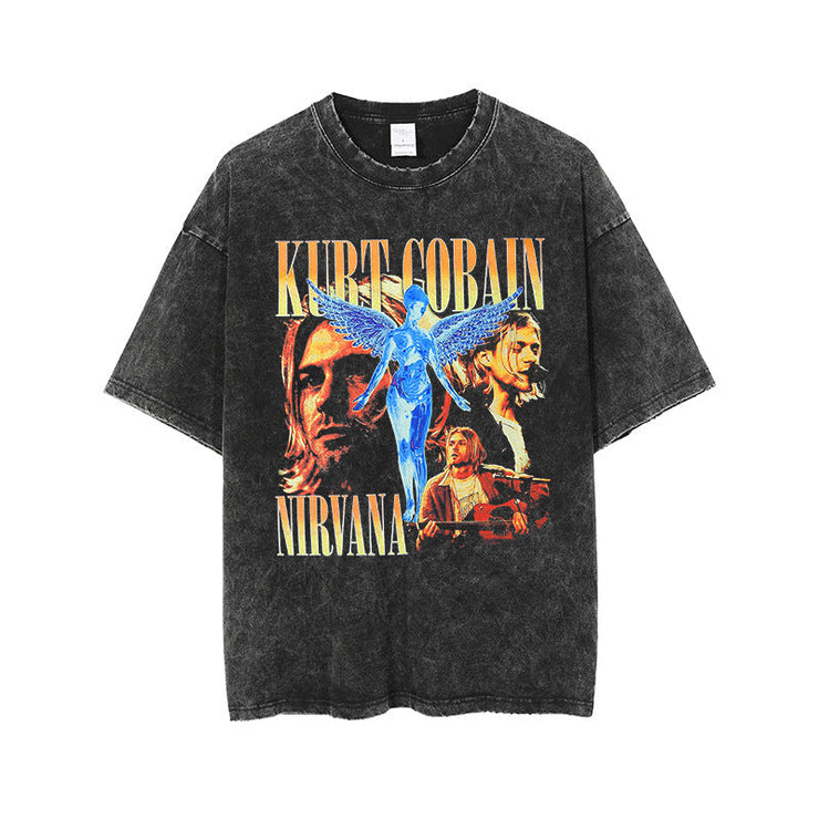 Kurt Cobain Nirvana Vintage Print T-Shirt Oversize Look Graphic Rock Shirt  Love Your Mom Black M 