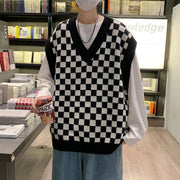 V-Neck Vest Chessboard Knit Coat, Check Knit Vest, Streetwear Y2K Sweater Vest, Oversized Crochet Pullover Vest, Cottagecore Sweaterv 0 WeCrafty Black M 