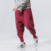 Japanese Linen Men's Casual Foot Pants | Causal Drawstring Elastic Waist Harem Pants | Lightweight Bloomer Trousers Loose Yoga Pants  wegodark M Red 