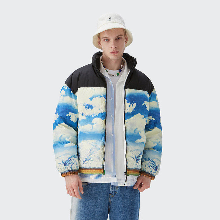 Men's Ink Splash Warm Jacket Top | Sky Print Coat for Men | Men's Blue Sky Print Zipper Closure Jacket | Thick Warm Casual Winter Jacket  wegodark   