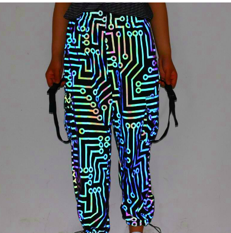 nightclub dancer reflective jacket Suit, circuit geometric pattern rainbow color  hip-hop mechanical dance Hooded coat  wegodark S Pants 